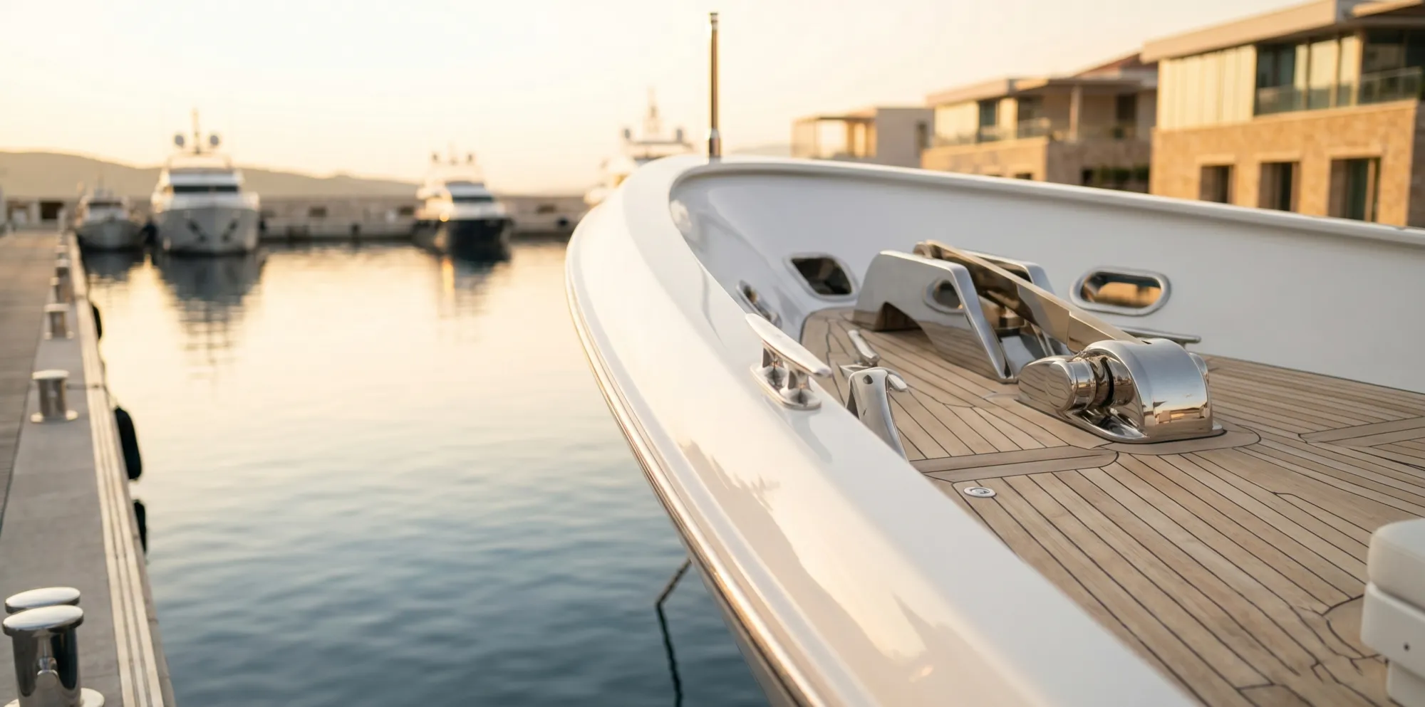 A yacht bow and chrome fittings at a golden-hour marina