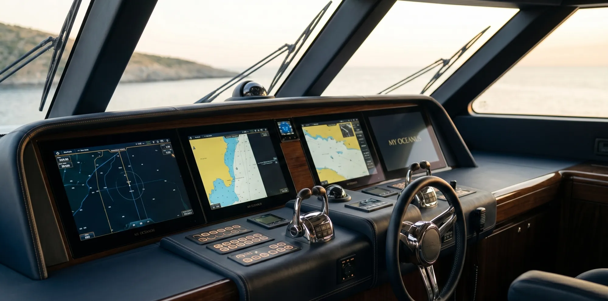 A yacht helm with navigation charts, navy leather and wood