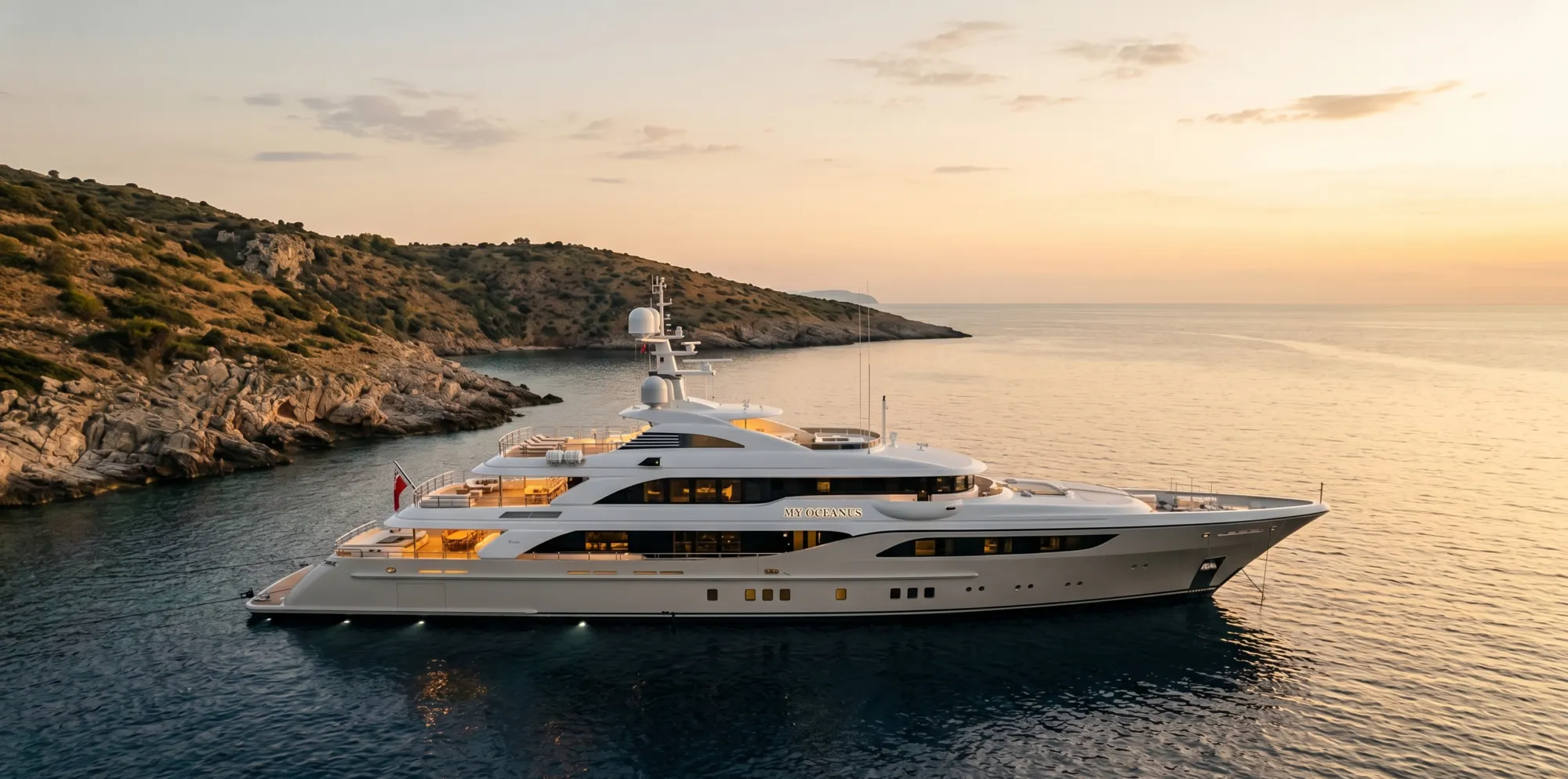 An editorial profile of a white superyacht in a warm golden-hour cove