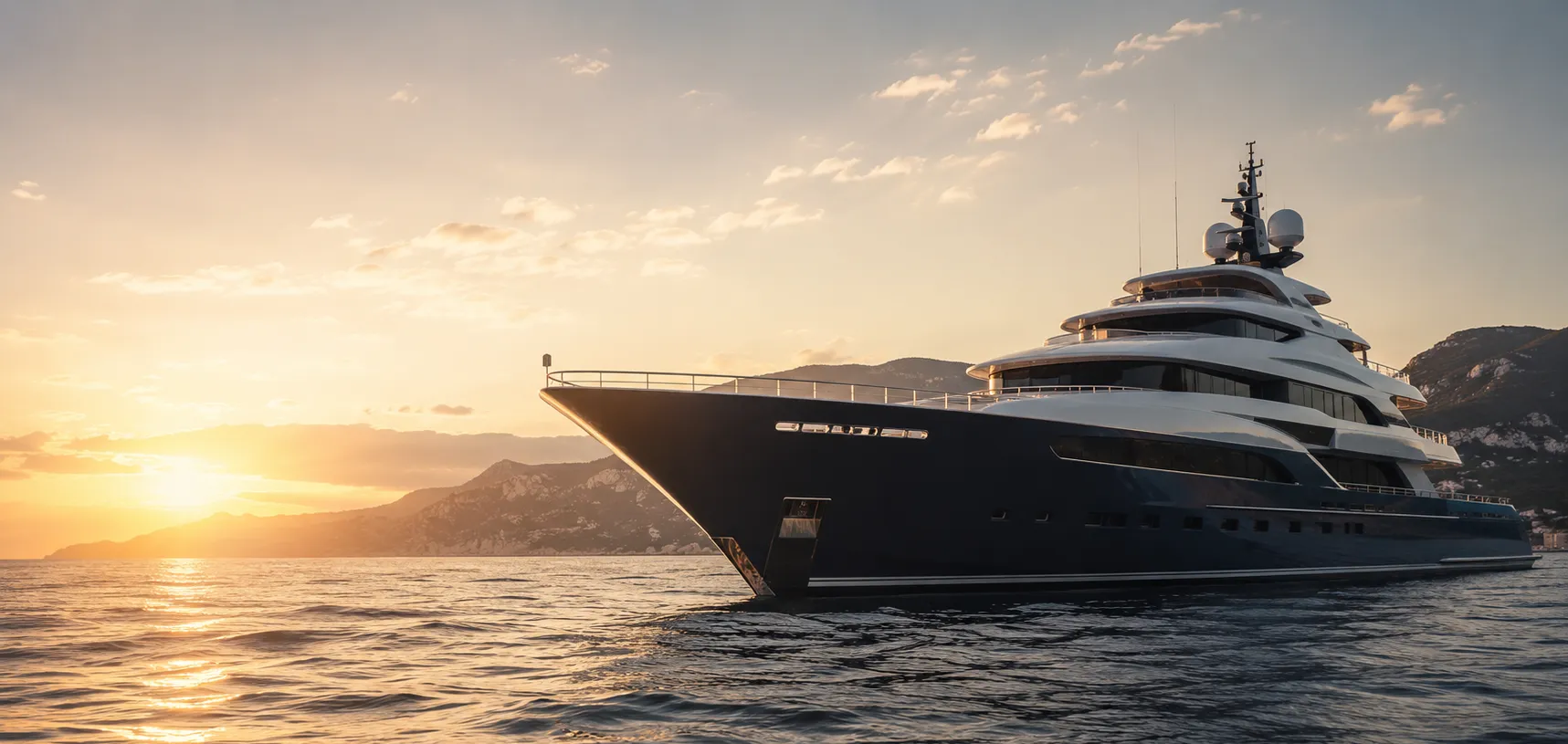 A navy superyacht at golden hour in a Mediterranean anchorage