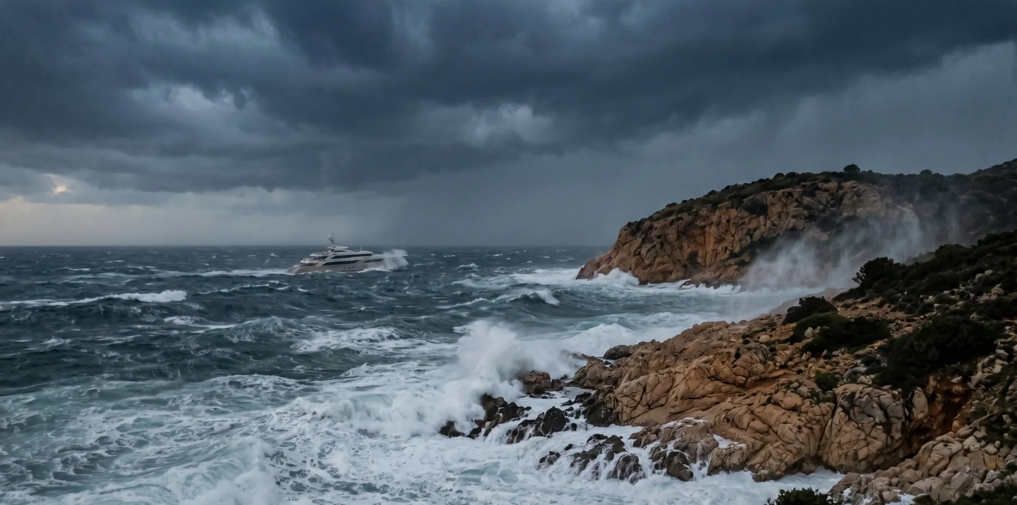 A dramatic stormy coastline with a yacht riding out heavy seas