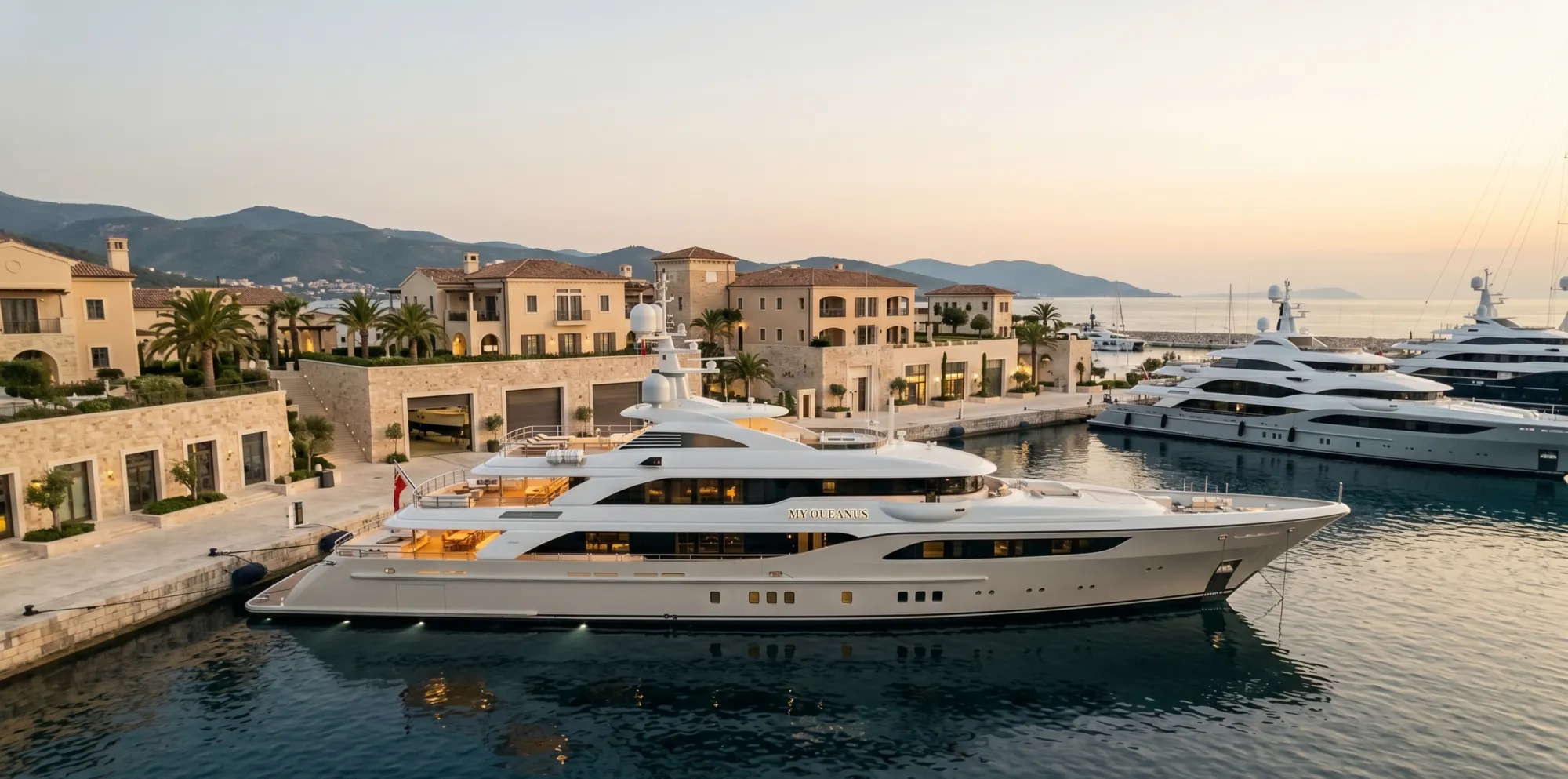 A white superyacht moored at a Mediterranean stone harbour village at dusk