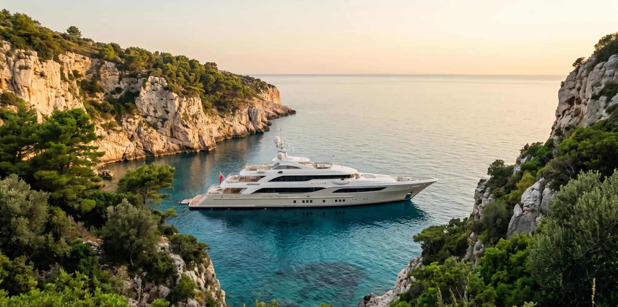A white yacht anchored in a turquoise cove at golden hour
