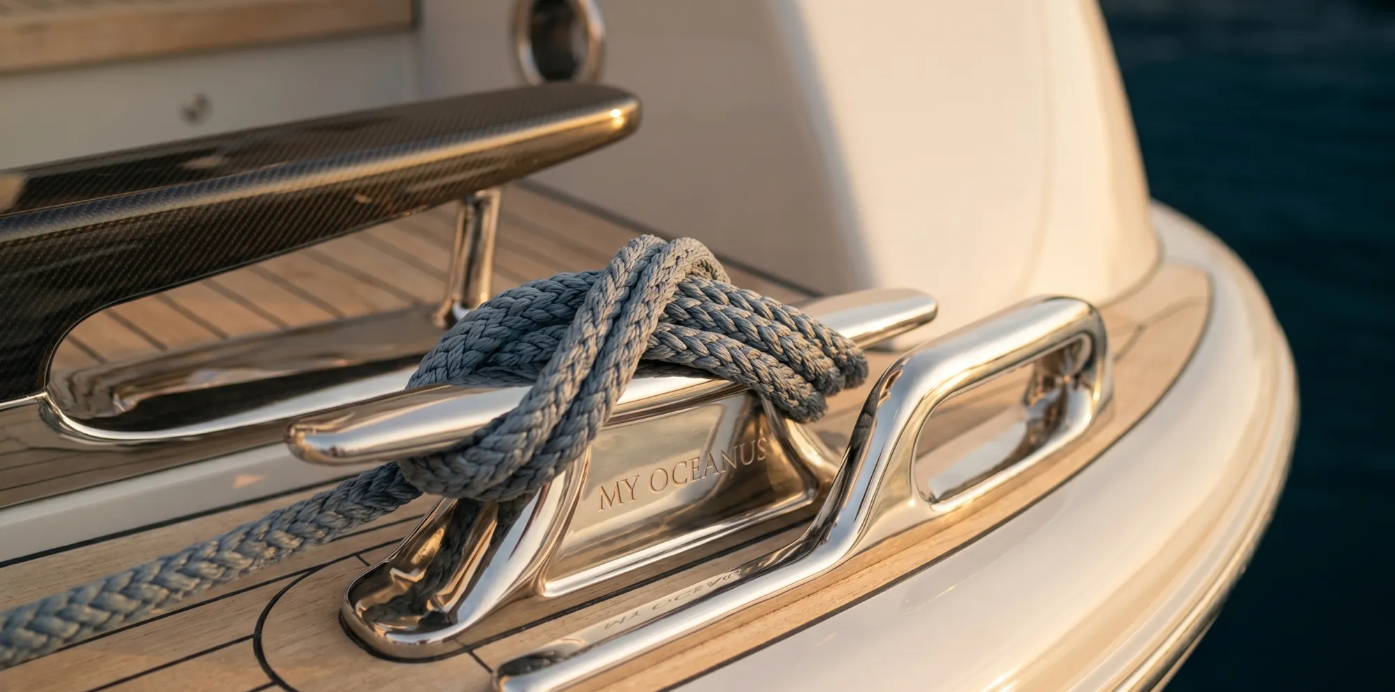 A polished stainless cleat and rope on a teak deck, engraved MY OCEANUS